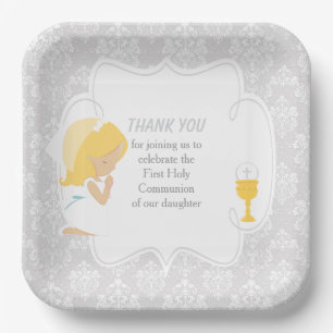 Assiettes En Carton Première Communion Blonde Girl Argent Damask