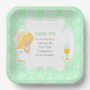 Assiettes En Carton Première Communion Blonde Girl Green Damask