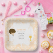 Assiettes En Carton Première Communion Brunette Boy Beige Damask (Fête)