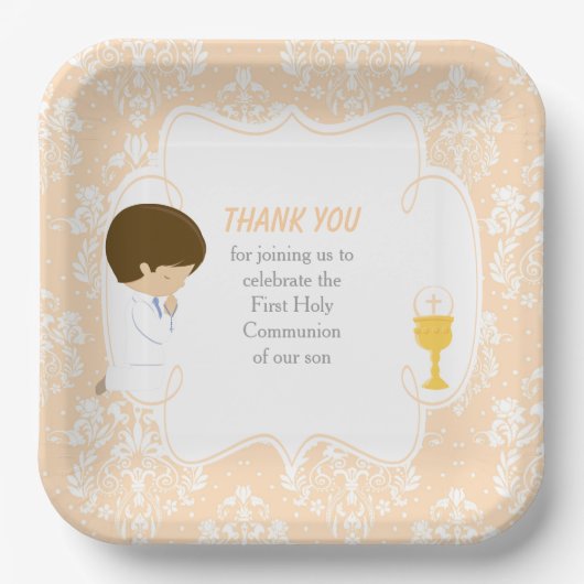 Assiettes En Carton Première Communion Brunette Boy Beige Damask (Recto)