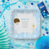 Assiettes En Carton Première Communion Brunette Boy Blue Damask (Fête)