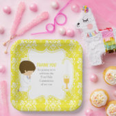 Assiettes En Carton Première Communion Brunette Boy Yellow Damask (Fête)