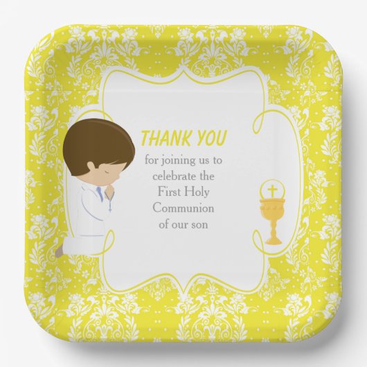 Assiettes En Carton Première Communion Brunette Boy Yellow Damask (Recto)