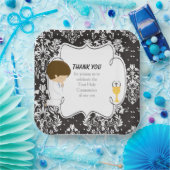 Assiettes En Carton Première Communion Brunette Garçon Noir Damask (Fête)