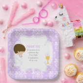 Assiettes En Carton Première Communion Brunette Garçon Purple Damask (Fête)