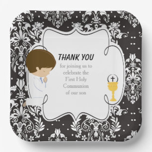 Assiettes En Carton Première Communion Brunette Garçon Velours Noir