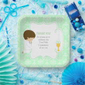 Assiettes En Carton Première Communion Brunette Garçon Vert Damas (Fête)