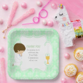 Assiettes En Carton Première Communion Brunette Garçon Vert Damas (Fête)