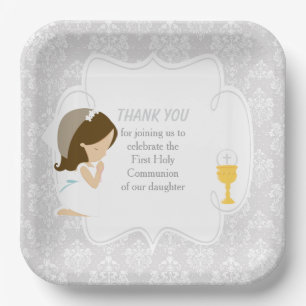 Assiettes En Carton Première Communion Brunette Girl Argent Damask