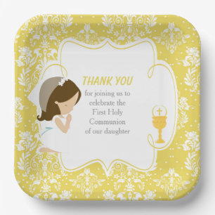 Assiettes En Carton Première Communion Brunette Girl Gold Damask