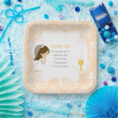 Assiettes En Carton Première Communion Brunette Girl Peach Damask (Fête)