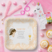 Assiettes En Carton Première Communion Brunette Girl Peach Damask (Fête)