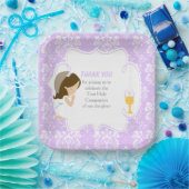 Assiettes En Carton Première Communion Brunette Girl Purple Damask (Fête)