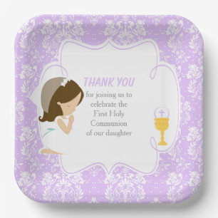 Assiettes En Carton Première Communion Brunette Girl Purple Damask