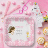 Assiettes En Carton Première Communion Brunette Girl Rose Damask (Fête)
