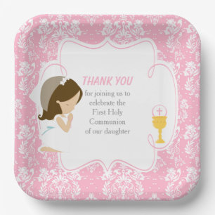 Assiettes En Carton Première Communion Brunette Girl Rose Damask