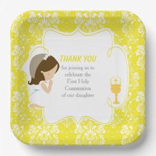 Assiettes En Carton Première Communion Brunette Girl Yellow Damask