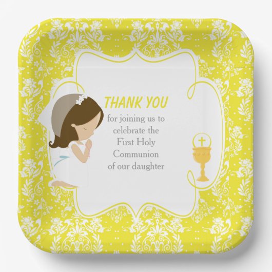 Assiettes En Carton Première Communion Brunette Girl Yellow Damask (Recto)