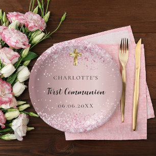 Assiettes En Carton Première communion confetti rose nom fille