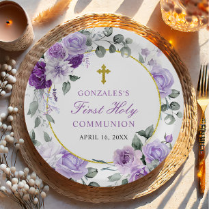 Assiettes En Carton Première communion de fille aux fleurs violettes