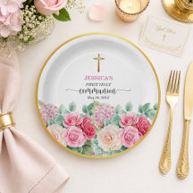 Première communion de fille Croix d'or Roses Flora