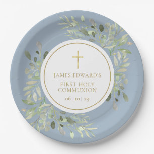 Assiettes En Carton Première communion Dusty Blue Végétal