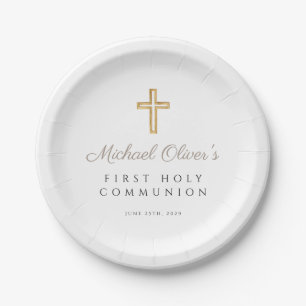 Assiettes En Carton Première communion élégante de Taupe Cross