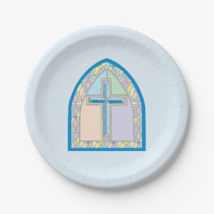 Assiettes En Carton Première communion en verre teint bleu