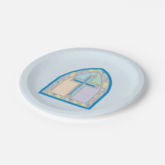 Assiettes En Carton Première communion en verre teint bleu (Angle)