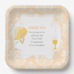 Assiettes En Carton Première communion fille blonde damas pêche
