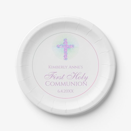 Assiettes En Carton Première communion Floral Cross Lavender Monogramm (Devant)