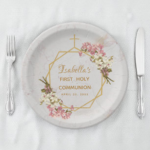 Assiettes En Carton Première communion florale Orchidée Or sur Marbre