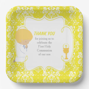 Assiettes En Carton Première communion garçon blond damas jaune
