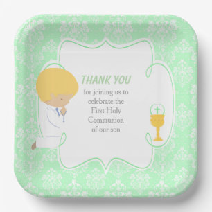 Assiettes En Carton Première communion garçon blond damas vert
