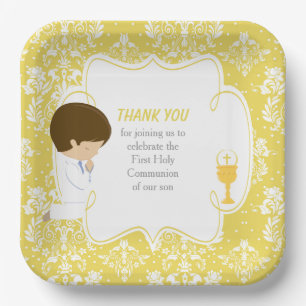 Assiettes En Carton Première communion garçon brun damas or