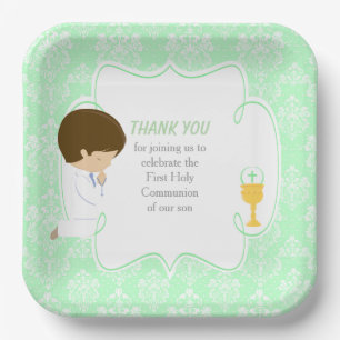 Assiettes En Carton Première communion garçon brun damassé vert