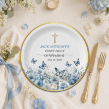 Première communion garçon Croix dorée Fleurs bleue
