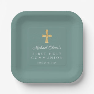 Assiettes En Carton Première communion garçon croix verte élégante