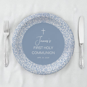 Assiettes En Carton Première communion garçon motif floral bleu et bla