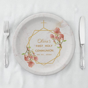 Assiettes En Carton Première Communion Marbre Rose Magnolia Fleurs Dor
