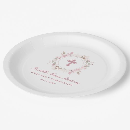 Assiettes En Carton Première communion personnalisée modifiable rose f (Angle)