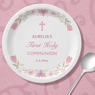 Assiettes En Carton Première communion ronde fleurs roses