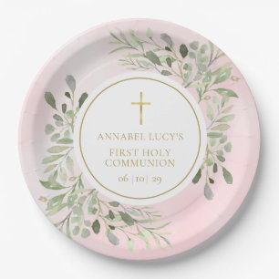 Assiettes En Carton Première communion rose verdure aquarelle