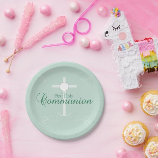 Assiettes En Carton Première Communion sainte, Script en vert tendre (Fête)