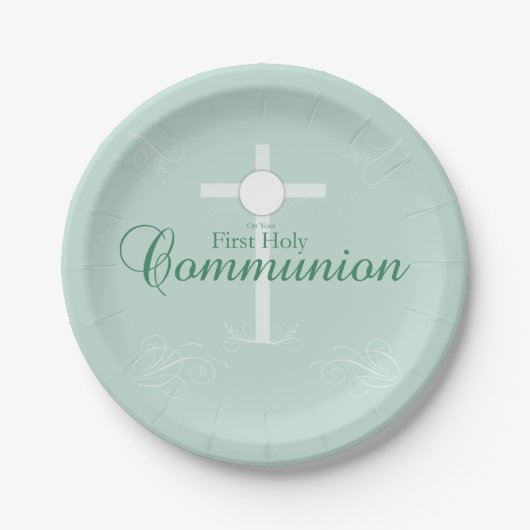 Assiettes En Carton Première Communion sainte, Script en vert tendre (Devant)