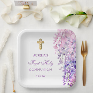 Assiettes En Carton Première communion Wisteria aquarelle