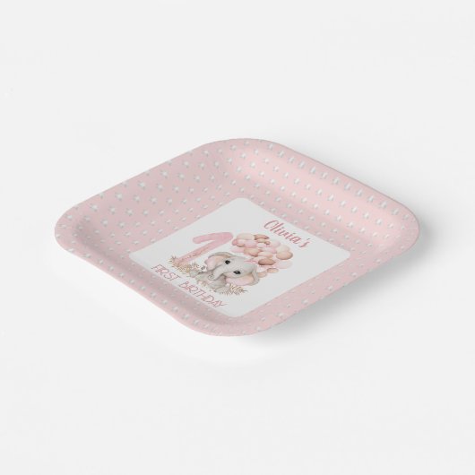 Assiettes En Carton Première fille d'anniversaire Eléphant rose (Angulaire)