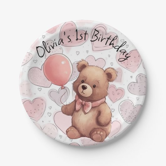 Assiettes En Carton Première fille d'anniversaire Ours rose traditionn (Devant)