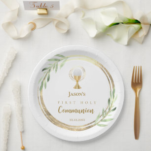 Assiettes En Carton Première Sainte Communion cercle d'or feuilles ver