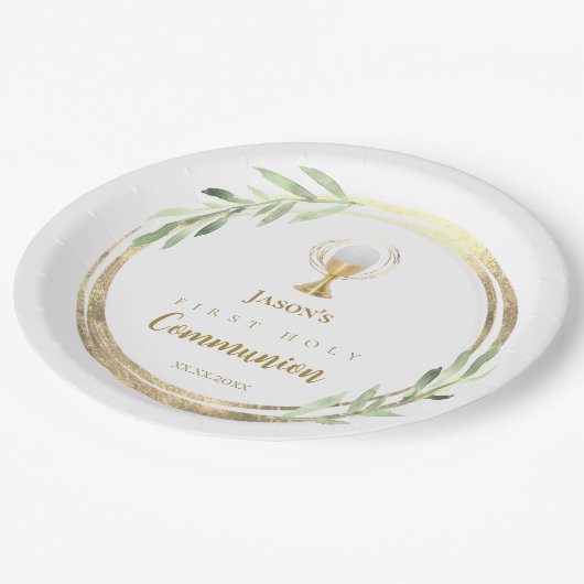 Assiettes En Carton Première Sainte Communion cercle d'or feuilles ver (Angle)